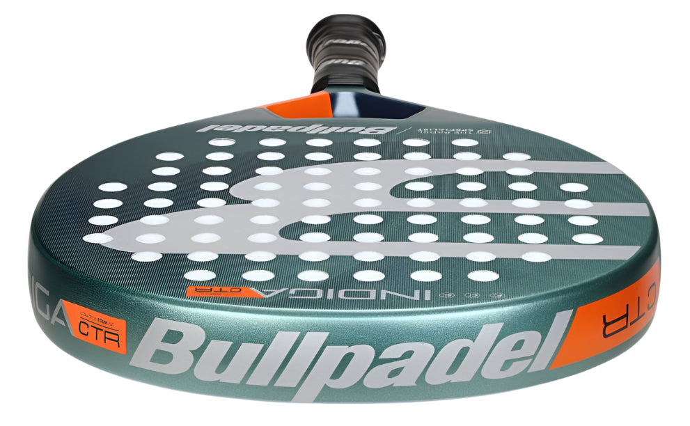 The Bullpadel Indiga Ctr 2025 Padel Racket - Green's detailed design includes a green and black color scheme, a prominent white logo on the face, circular perforations, a Polyglass layup, branding text along the edge, and a handle wrapped in dark grip tape.