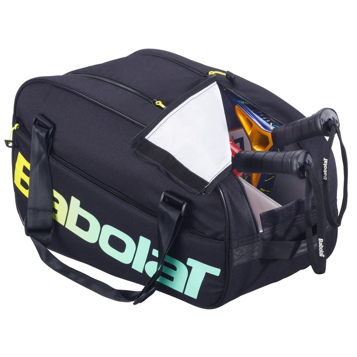A Babolat Court S Padel Racket Bag - Black / Multi is partially unzipped, showing two rackets inside. It features the Babolat logo in white and green, black carry handles, and yellow zipper pulls.