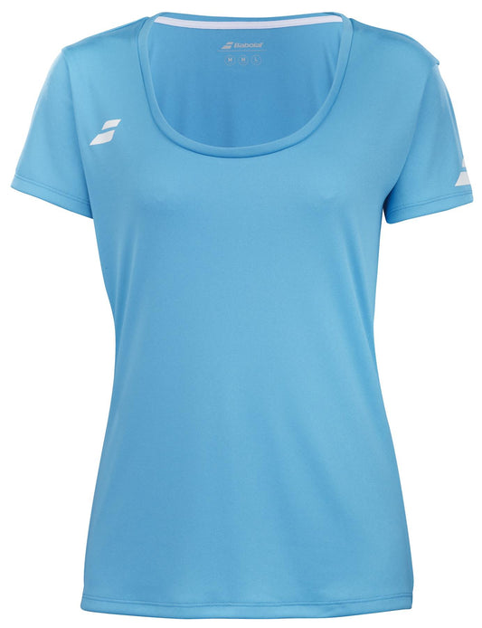 Introducing the Babolat Play Women's Padel Cap Sleeve Top in Cyan Blue, a versatile athletic T-shirt made from recycled polyester fabric. This stylish design comes with short sleeves and a round neckline, accented by subtle white logos on the left sleeve and right chest area. Perfect for both performance and style.