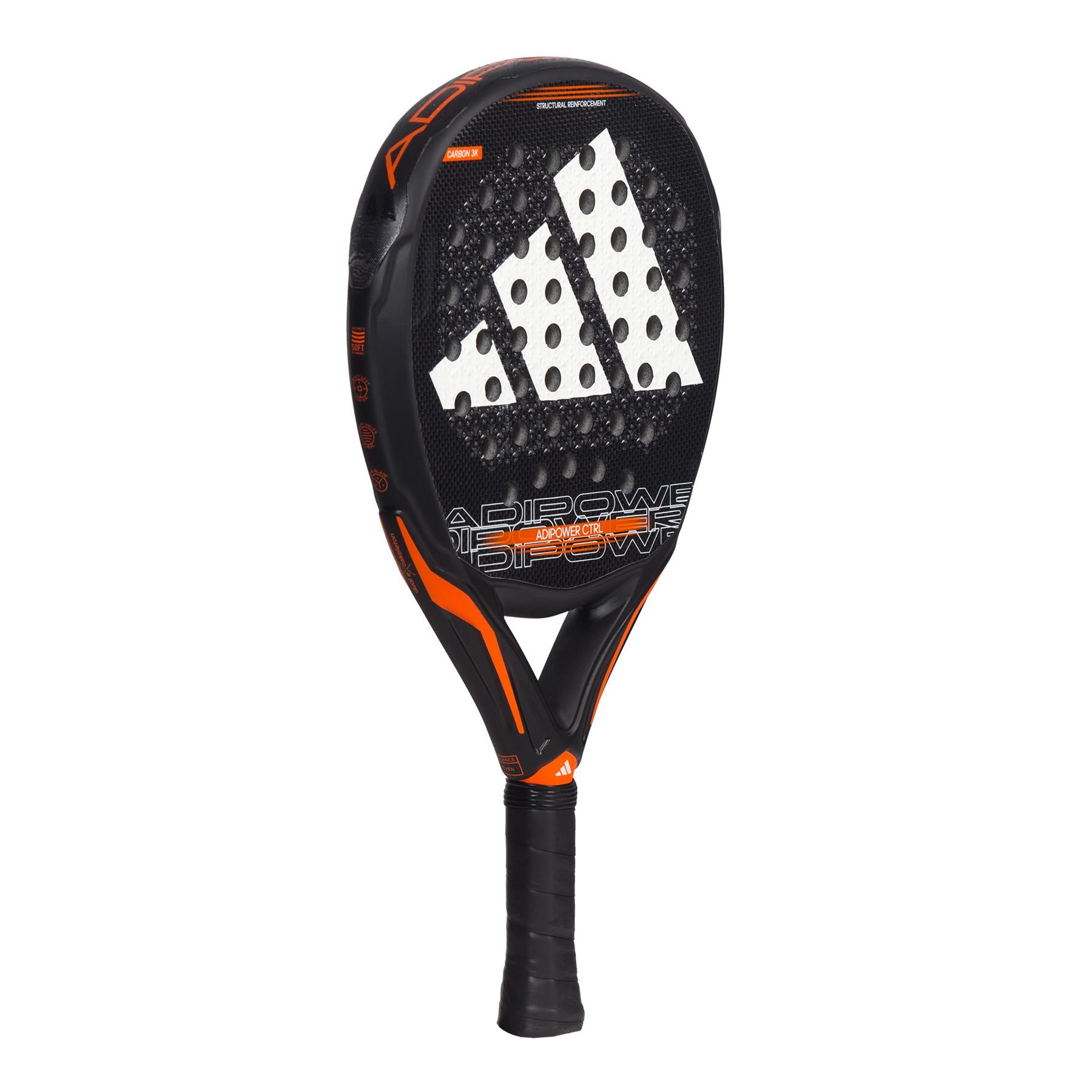 The ADIDAS Adipower CTRL 3.3 Padel Racket by adidas features a sophisticated black and orange color scheme, highlighted by a prominent white logo in the center. Built with a robust carbon fiber 3K construction for enhanced durability, it also showcases the "Adipower" branding stylishly on the side. The black grip is designed to provide exceptional comfort and control during play.