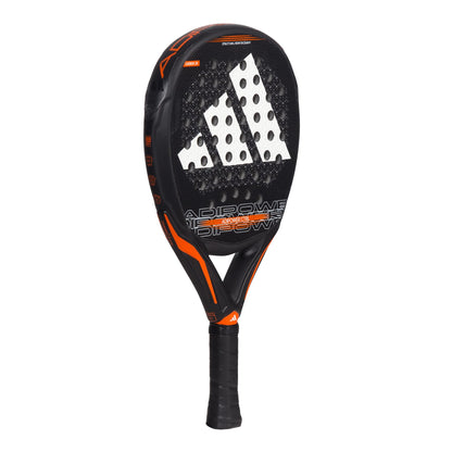 The ADIDAS Adipower CTRL 3.3 Padel Racket by adidas features a sophisticated black and orange color scheme, highlighted by a prominent white logo in the center. Built with a robust carbon fiber 3K construction for enhanced durability, it also showcases the "Adipower" branding stylishly on the side. The black grip is designed to provide exceptional comfort and control during play.