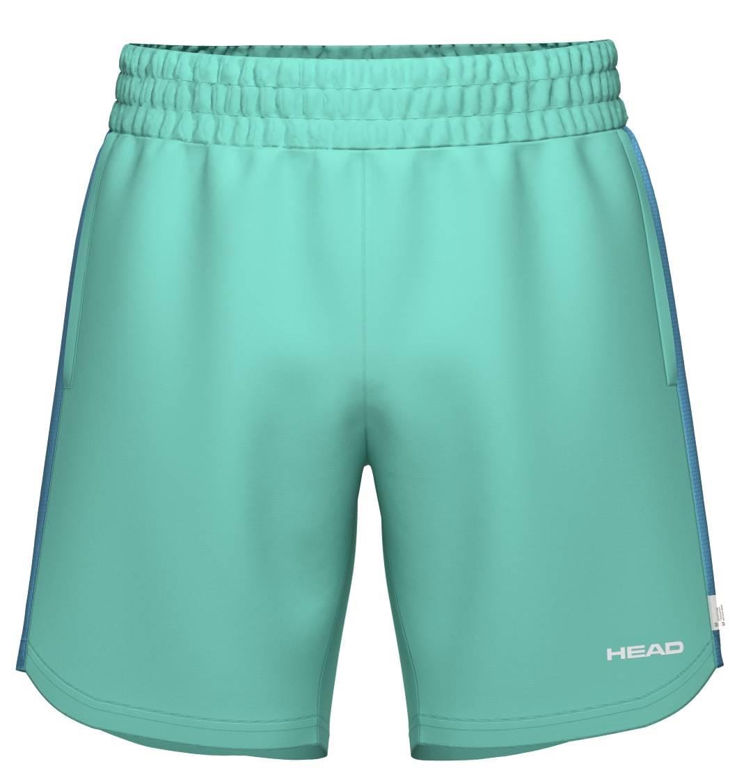 The HEAD Power Men's Padel Shorts in turquoise feature an elastic waistband and the HEAD logo on the lower right leg; these breathable athletic shorts are ideal for tennis or daily workouts.