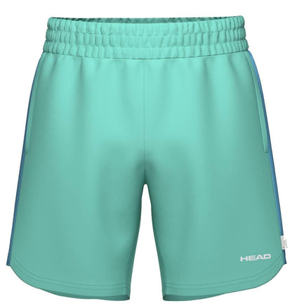 The HEAD Power Men's Padel Shorts in turquoise feature an elastic waistband and the HEAD logo on the lower right leg; these breathable athletic shorts are ideal for tennis or daily workouts.