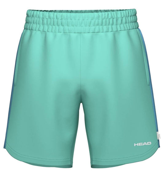 The HEAD Power Men's Padel Shorts in turquoise feature an elastic waistband and the HEAD logo on the lower right leg; these breathable athletic shorts are ideal for tennis or daily workouts.