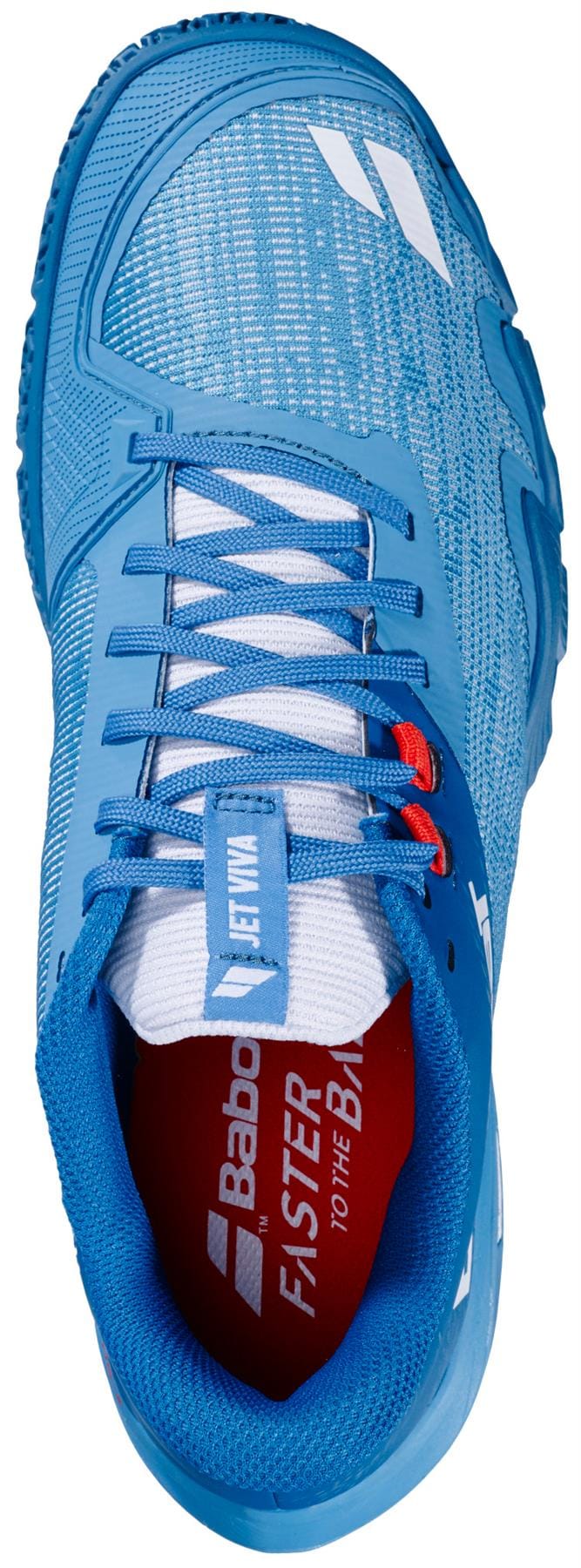 The Babolat Jet Viva Men's Padel Shoes in Blue Moon/Seaport feature white and red accents, breathable mesh, a branded "Babolat" insole, and a lace-up design—ideal lightweight footwear for padel players.