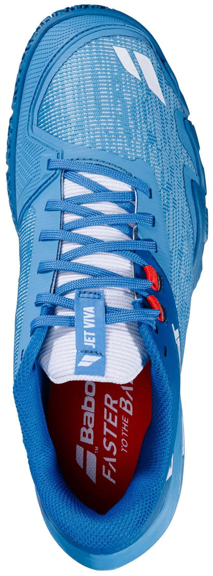 The Babolat Jet Viva Men's Padel Shoes in Blue Moon/Seaport feature white and red accents, breathable mesh, a branded "Babolat" insole, and a lace-up design—ideal lightweight footwear for padel players.