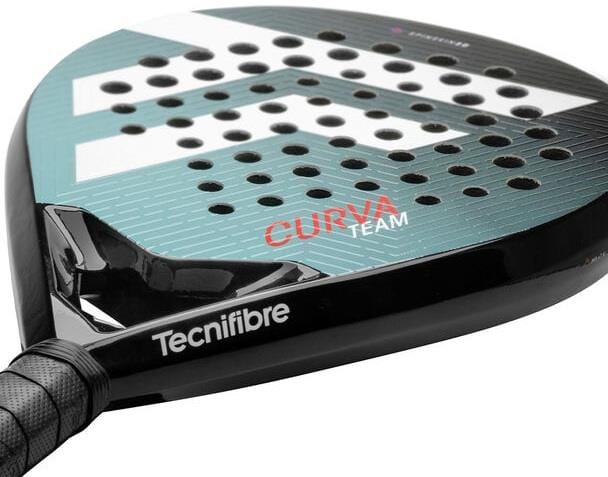 A close-up of the Tecnifibre Curva Team Padel Racket – Black / Blue, showcasing the “CURVA TEAM” branding and Spin Skin 3D technology on the black and blue surface by Tecnifibre.