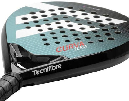 A close-up of the Tecnifibre Curva Team Padel Racket – Black / Blue, showcasing the “CURVA TEAM” branding and Spin Skin 3D technology on the black and blue surface by Tecnifibre.