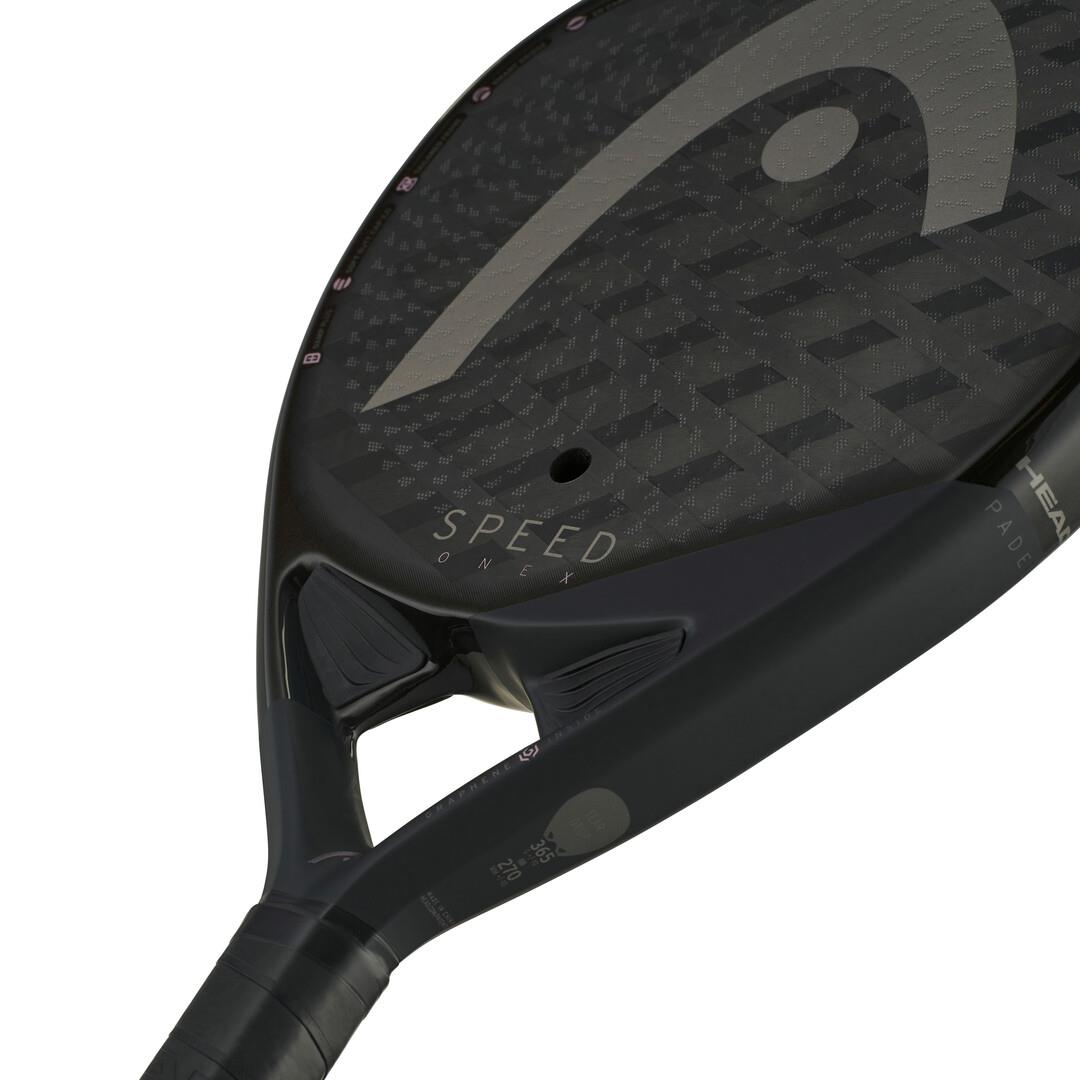 Close-up of the HEAD Speed One X 2025 Padel Racket in black, featuring Extreme Spin technology and a textured face with the logo. The name "SPEED" and subtle markings enhance its sleek frame, complemented by a modern grip design.