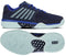 A pair of K-Swiss Express Light 3 Men's Padel Shoes in Naval Academy/Ice Castle/Dazzling Blue, shown from the side and sole. Made for padel courts, textured soles and diagonal white stripes offer both style and performance.