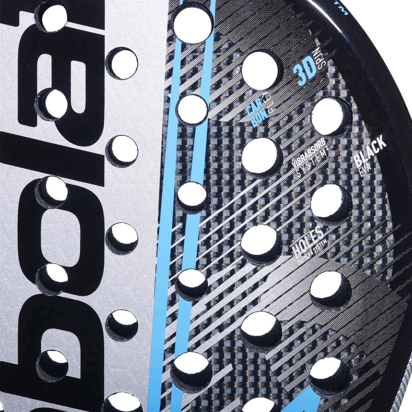 Close-up of the Babolat Air Veron 2.6 Padel Racket by Babolat, showcasing its black and silver design with blue stripes, round holes, visible branding, and CarbonFlex technology for lightweight top performance.
