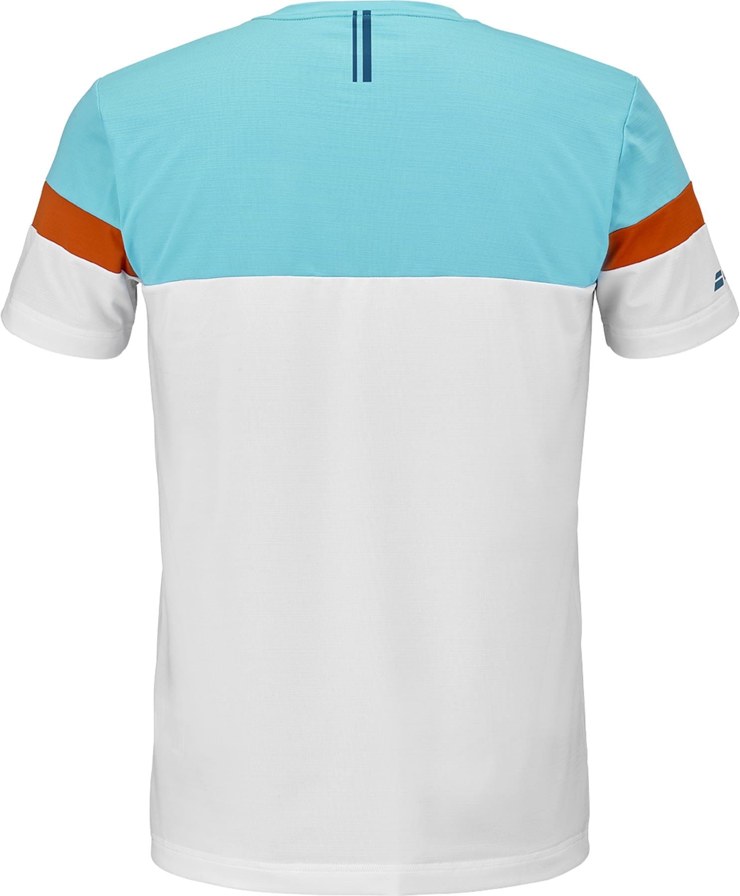 Back view of the Babolat Crew Neck Men's Padel T-Shirt in white, featuring a light blue upper, orange sleeve stripes, white lower section, and two vertical blue lines near the neckline.