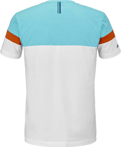Back view of the Babolat Crew Neck Men's Padel T-Shirt in white, featuring a light blue upper, orange sleeve stripes, white lower section, and two vertical blue lines near the neckline.