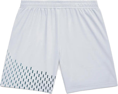 Yonex 15241EX Knit Men's Padel Shorts in Silver Grey feature an elastic waistband. The left leg has a diagonal pattern of dark vertical lines, while the right leg is plain. Displayed laid flat on a white background.