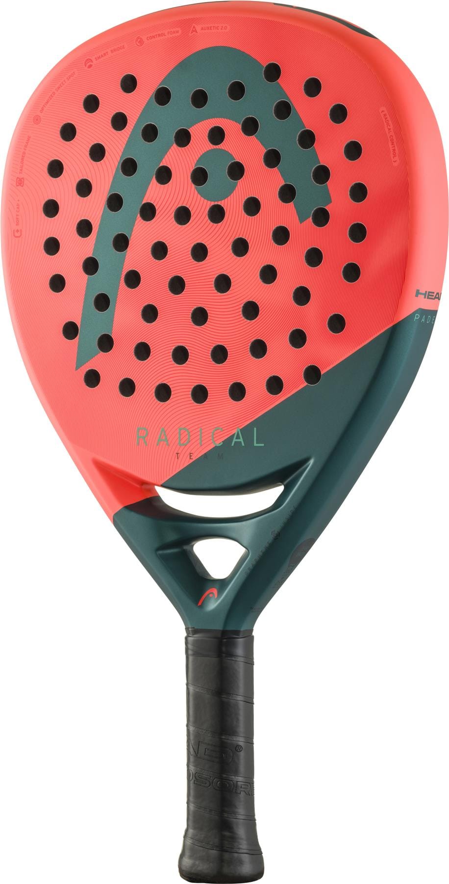 An orange and green HEAD Radical Team 2026 Padel Racket with a fibreglass surface, black grip, large perforated holes, and “RADICAL” displayed on the face.