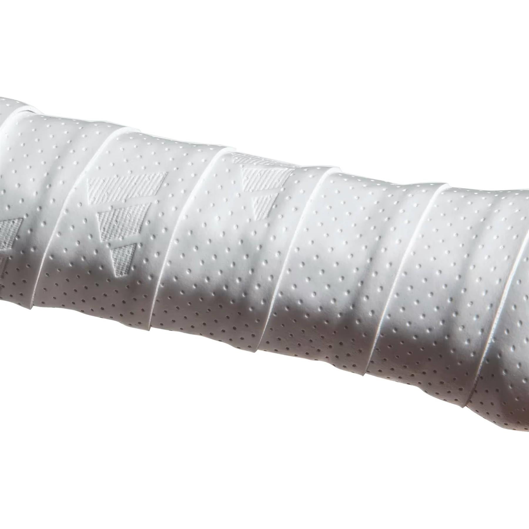 Close-up of adidas ADIDAS Padel Overgrips (3 Pack) in white, featuring textured micro-perforations and embossed triangular patterns for improved comfort and performance.