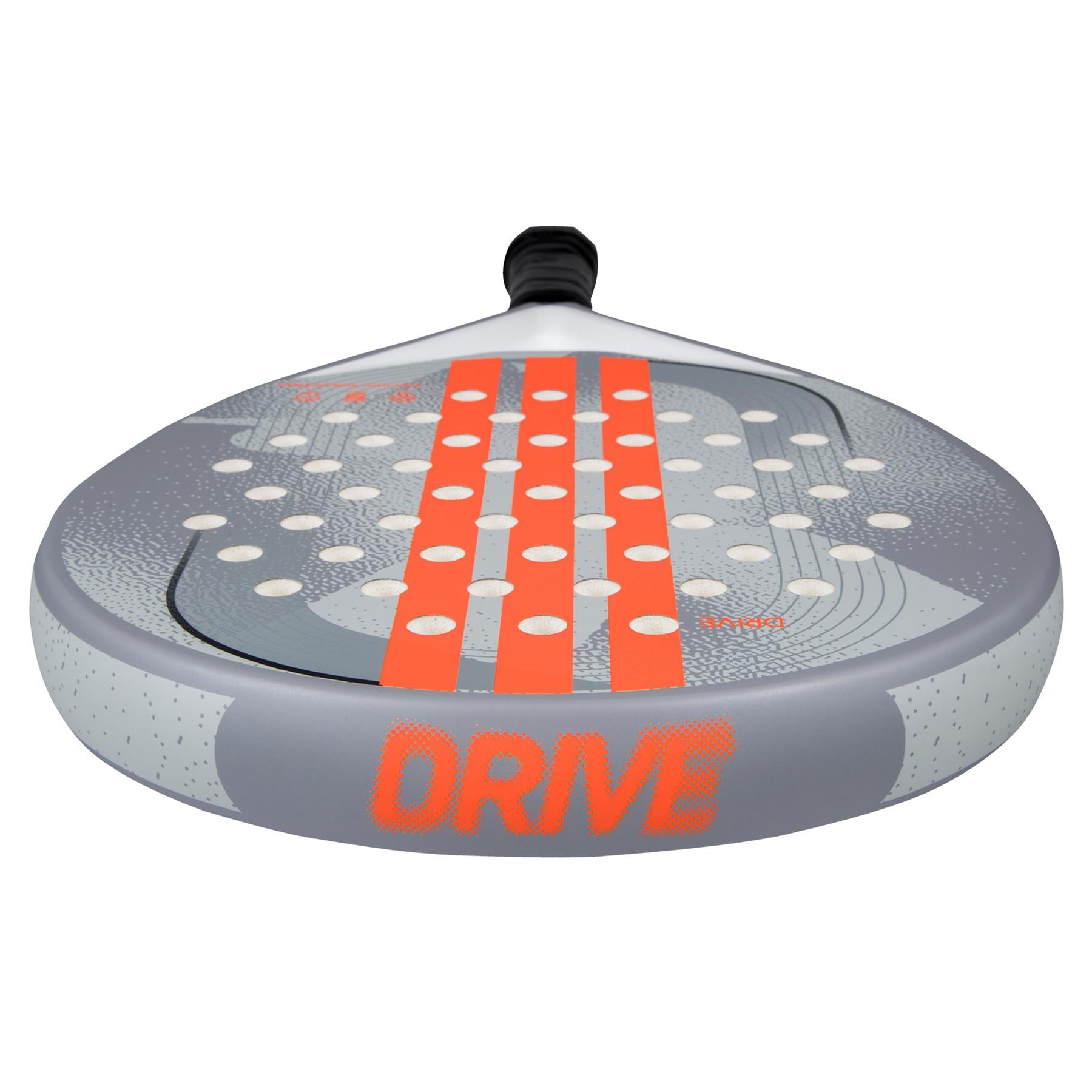 The ADIDAS Drive Grey 3.4 Padel Racket by adidas is ideal for beginners, featuring a grey and orange color scheme with a dotted pattern on the head and "DRIVE" in bold orange letters, while ensuring comfort with its visible handle design.