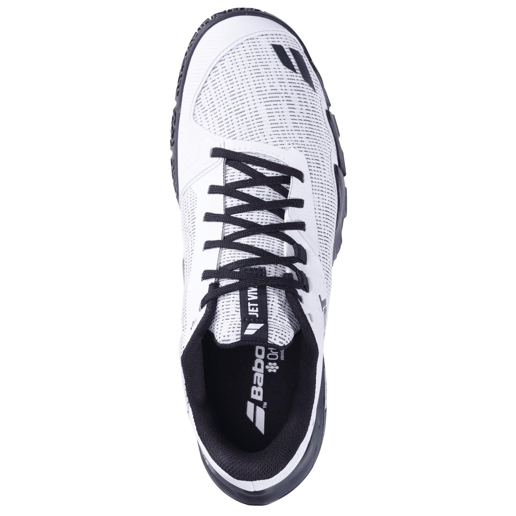 The Babolat Jet Viva Men's Padel Shoes in white/black are designed for intermediate players, featuring a black sole, patterned texture, and branding on the tongue and toe. The shoes also include black laces for a sleek finish.