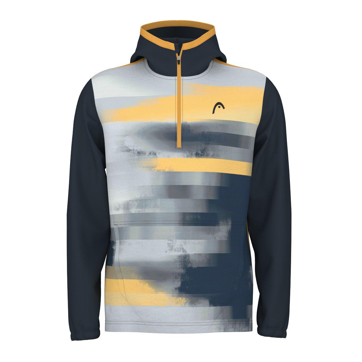 Introducing the HEAD Vision Topspin Men's Padel Hoodie—an effortlessly stylish and contemporary design with a half-zip front and abstract horizontal stripes in blue, gray, and yellow. Crafted from advanced Moisture Transfer Microfibre, this hoodie features dark blue hood and long sleeves, complete with an abstract logo on the chest.