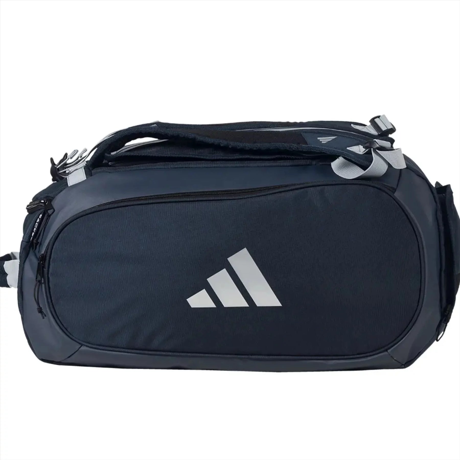 The ADIDAS Tour 3.4 Padel Racket Bag by adidas is a blue sports bag with multiple zippers and a top handle, ideal for padel rackets or equipment, and is shown against a plain white background.