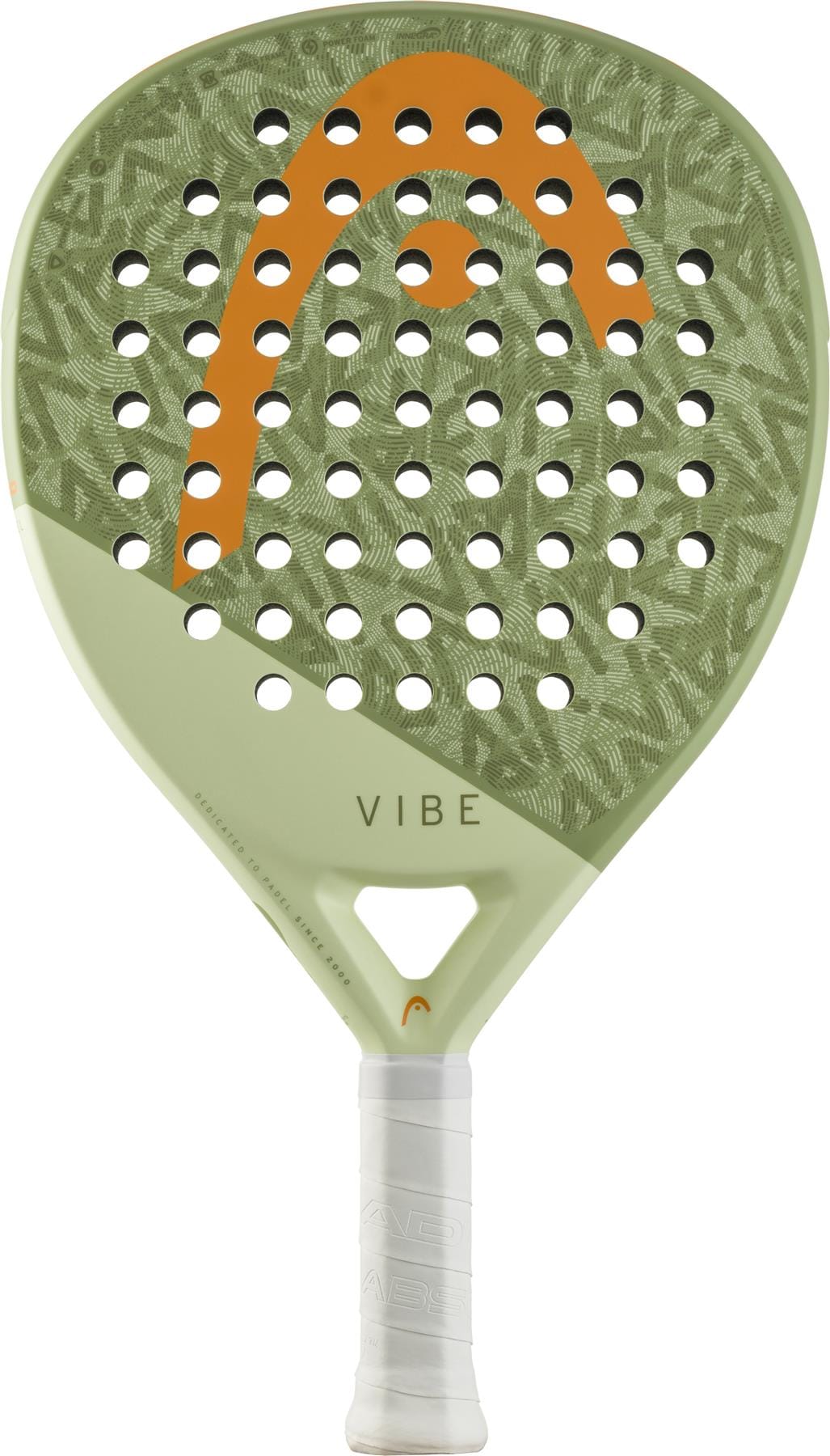 The HEAD Vibe 2026 Green / Orange Padel Racket by HEAD features a green and gray design with an orange logo, circular holes, “VIBE” on the fibreglass surface, and a white grip-taped handle.