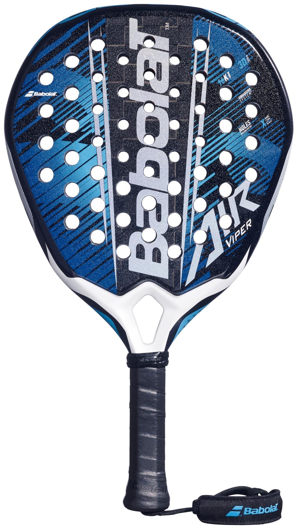 The Babolat Air Viper 2.6 Padel Racket by Babolat features a bold black, blue, and white design with multiple face holes, durable 16K Carbon construction, prominent white branding, and a black grip with wrist strap.