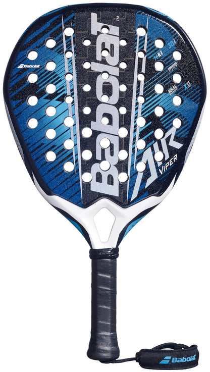 The Babolat Air Viper 2.6 Padel Racket by Babolat features a bold black, blue, and white design with multiple face holes, durable 16K Carbon construction, prominent white branding, and a black grip with wrist strap.