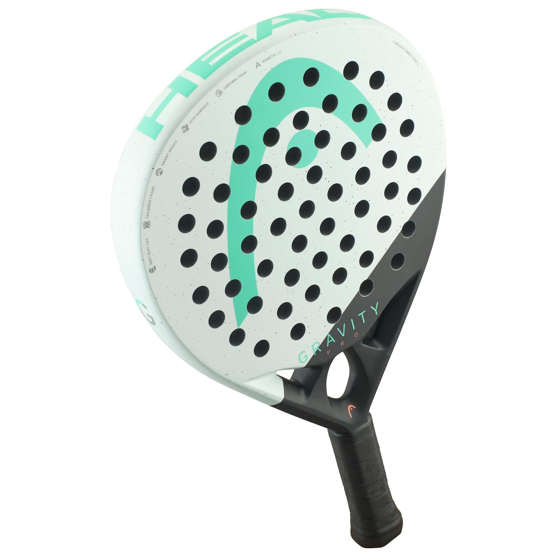 The HEAD Gravity Pro 2024 Padel Racket in mint and black features circular holes, a prominent green logo with "Gravity Pro" on the face, a black handle with a wrapped grip, an Auxetic 2.0 frame for increased strength, and a spin surface for exceptional control.