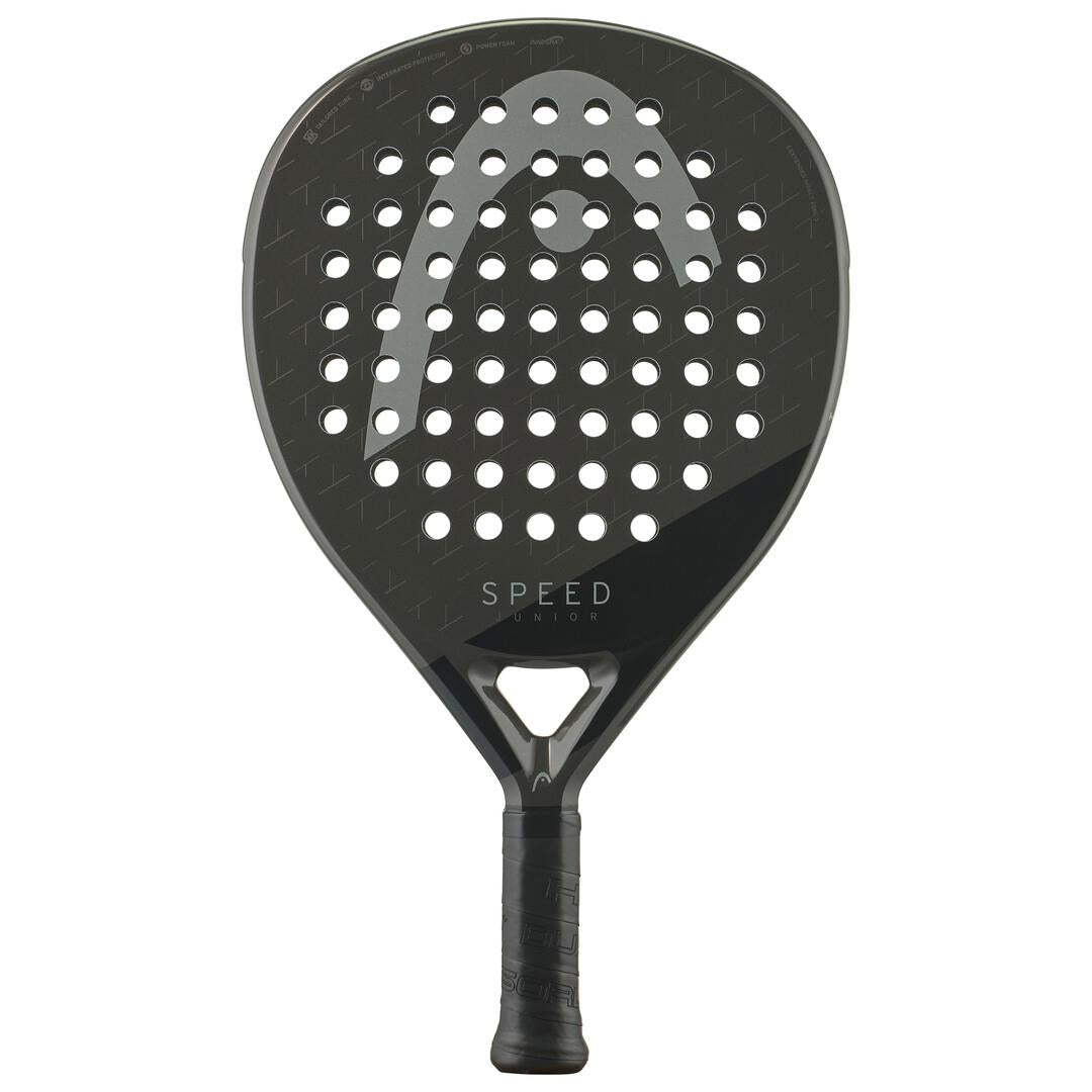 The HEAD Speed Junior 2025 Padel Racket - Black features a large logo, circular perforations, and Innegra technology. Its textured grip enhances control, while "SPEED" above the handle ensures excellent playability and precision.