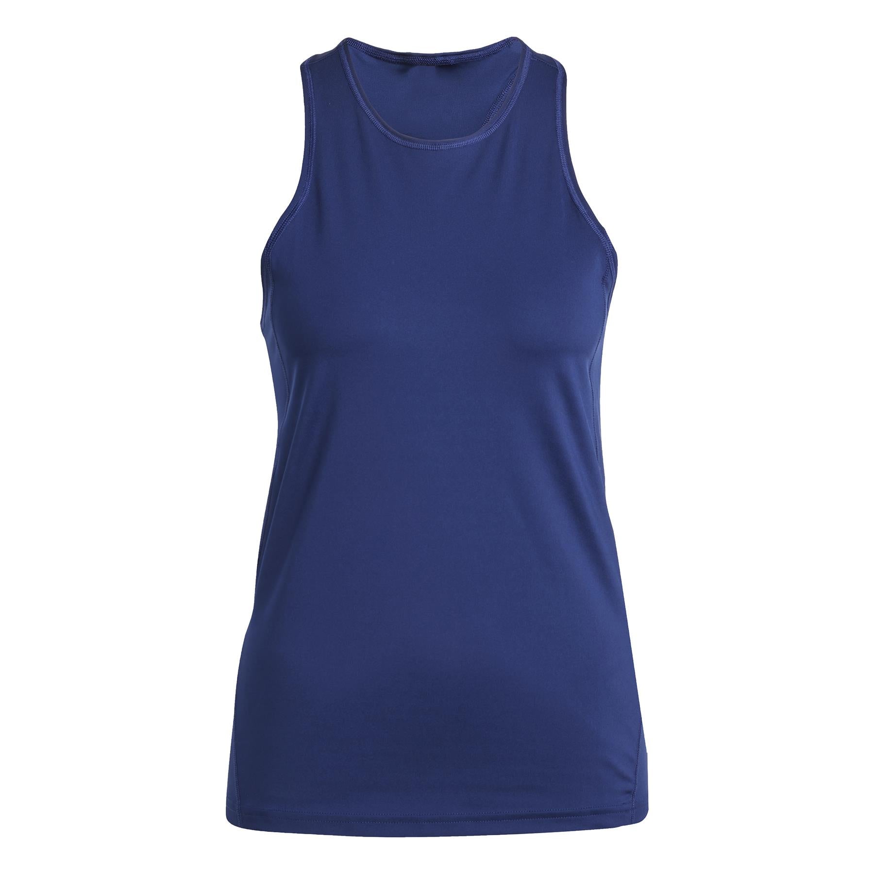 The ADIDAS Womens Club Padel Tank Top - Navy, by adidas, is a fitted sleeveless piece made from recycled materials. It features a round neckline and Climacool technology, presented against a plain white background, merging style with sustainability.