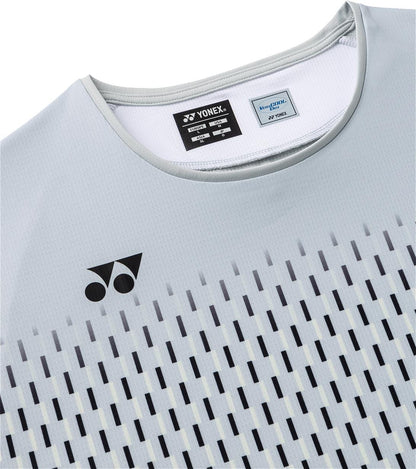Close-up of the light silver grey Yonex 10713EX Crew Neck Mens Padel T-Shirt, featuring a black Yonex logo on the chest, a pattern of vertical dark lines, and two labels sewn into the inside collar.