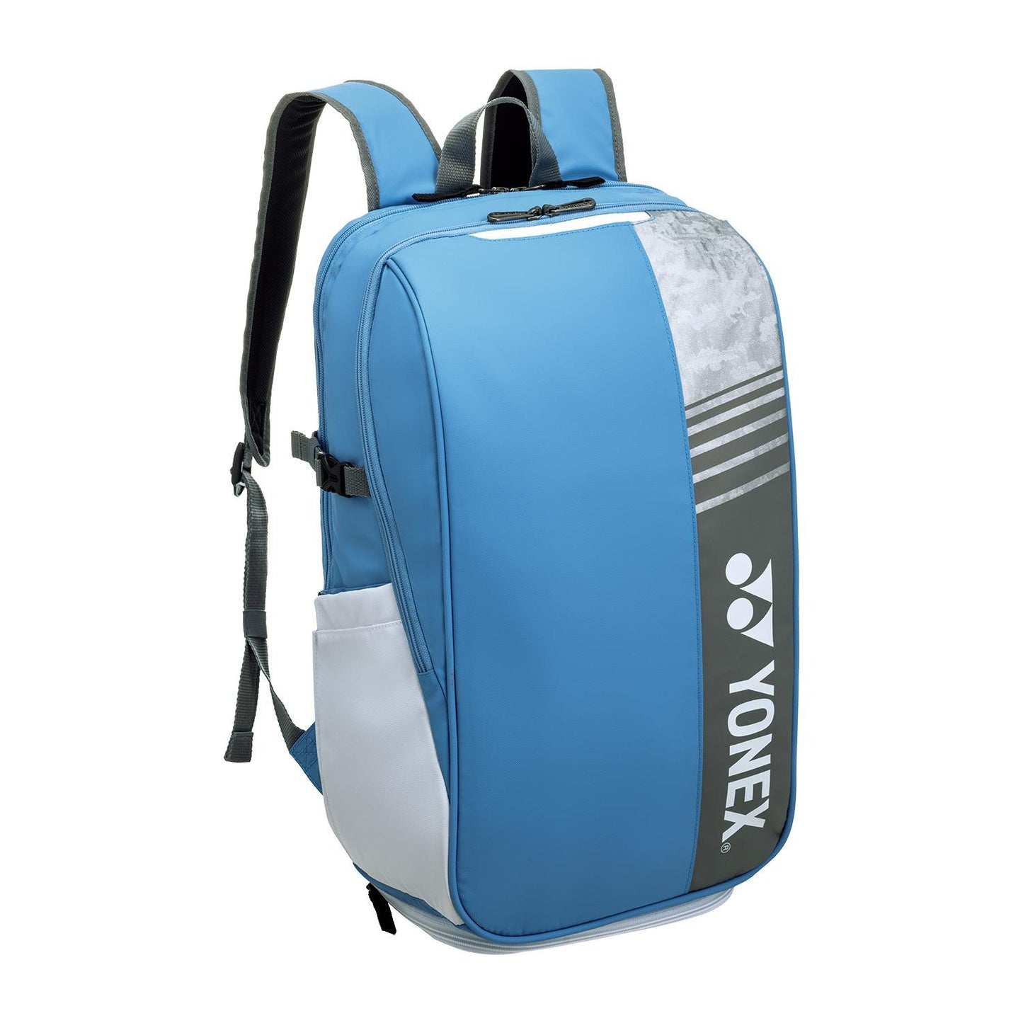 The Yonex 52512EX Club Padel Backpack in Greyish Blue features a large vertical front logo, adjustable shoulder straps, a top handle, and side pockets.