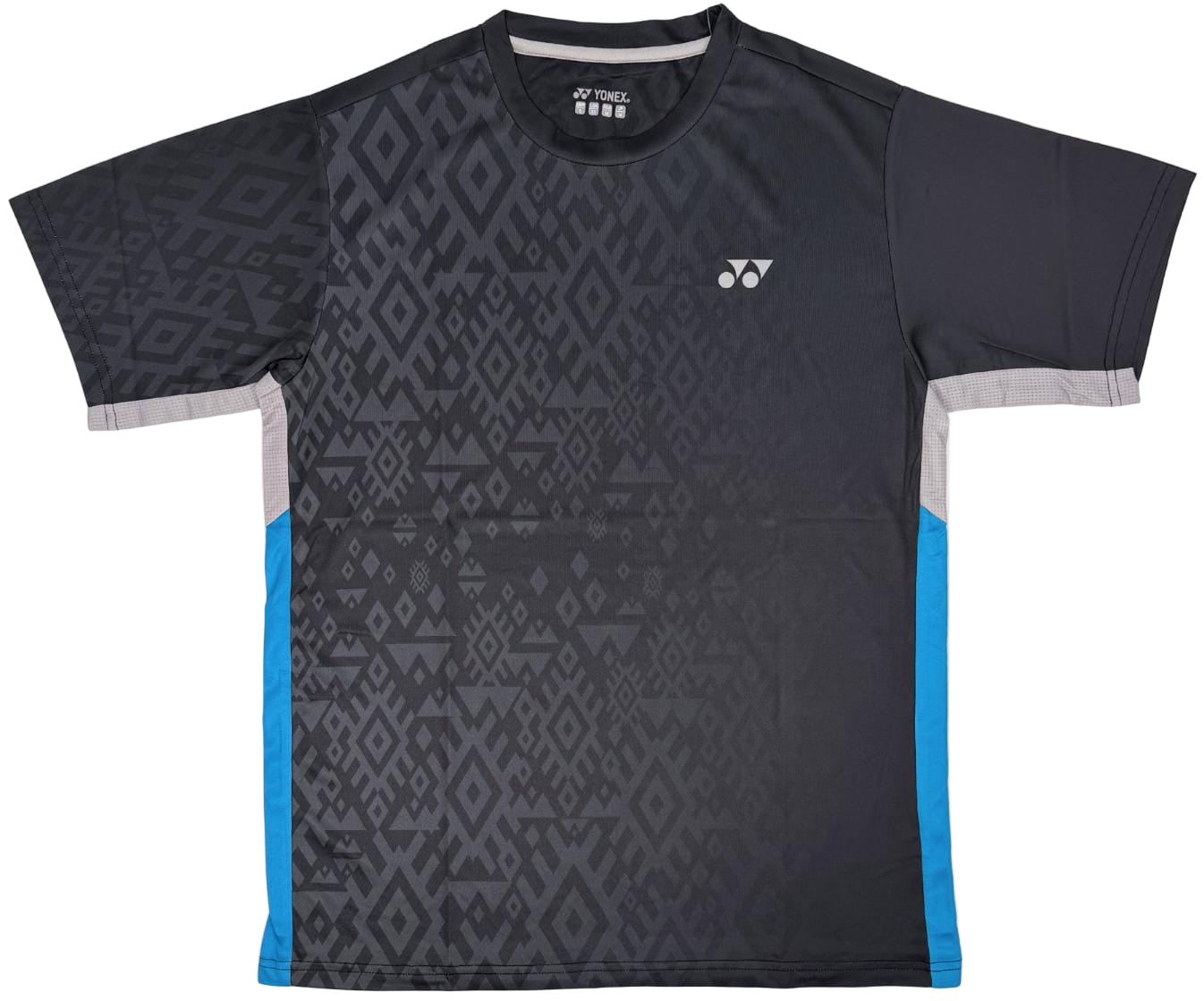 The Yonex YTM11 Mens Padel T-Shirt - Black features short sleeves, a geometric black and gray pattern, blue side panels, light gray trim, quick-dry Air-Release fabric, and a white Yonex logo on the left chest.