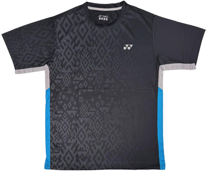 The Yonex YTM11 Mens Padel T-Shirt - Black features short sleeves, a geometric black and gray pattern, blue side panels, light gray trim, quick-dry Air-Release fabric, and a white Yonex logo on the left chest.