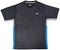 The Yonex YTM11 Mens Padel T-Shirt - Black features short sleeves, a geometric black and gray pattern, blue side panels, light gray trim, quick-dry Air-Release fabric, and a white Yonex logo on the left chest.