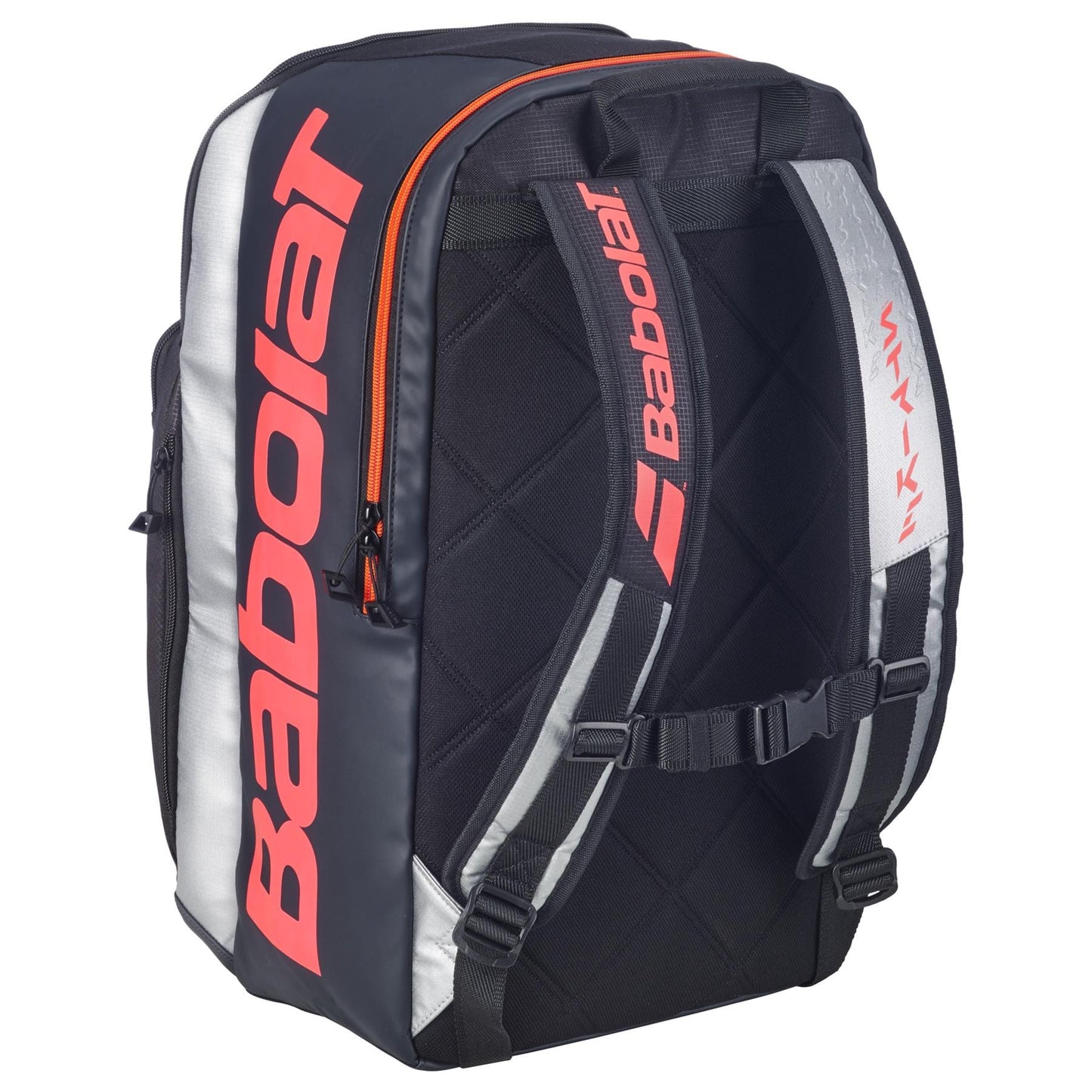 Carry your gear in style with the Babolat Pure Strike Tennis Backpack - Carbon Grey, featuring black and grey design, orange accents, padded shoulder straps, a front zipper pocket, and bold orange Babolat logos.