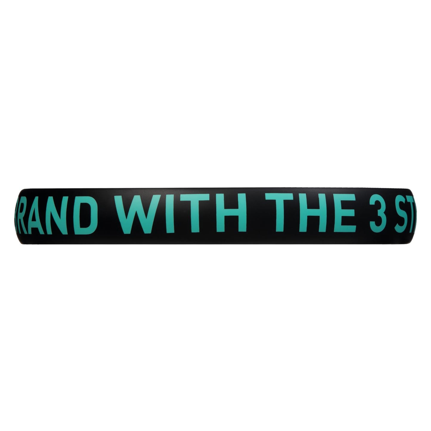 A black wristband featuring bold, teal text in a circular layout that declares "THE BRAND WITH THE 3 STRIPES," reflecting adidas' signature style. The phrase seamlessly encircles the visible side of the band, embodying a sense of control and power in its message.