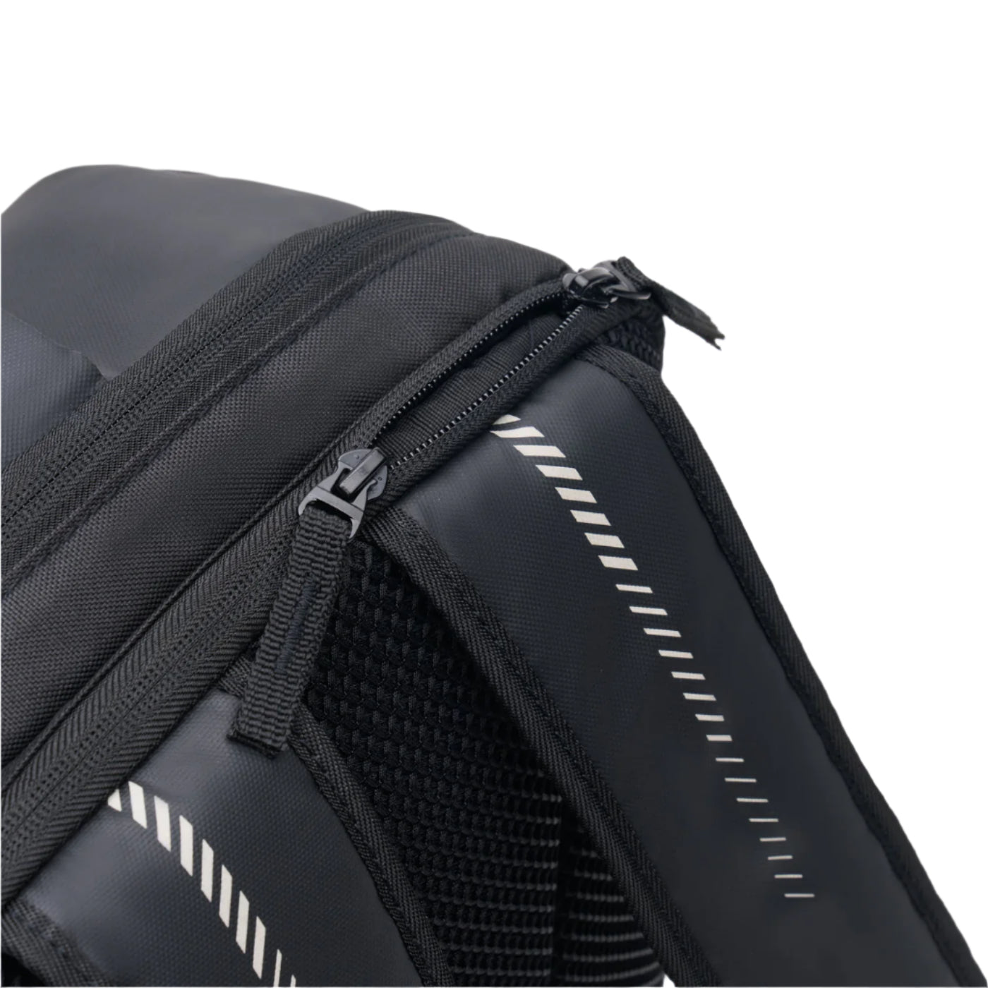 The Kanso Intuko Badminton 23L Backpack in black is a sleek, everyday companion with durable zippers and shoulder straps. Reflective diagonal stripes and mesh padding enhance comfort. Perfect for organization, it offers a practical separate compartment.