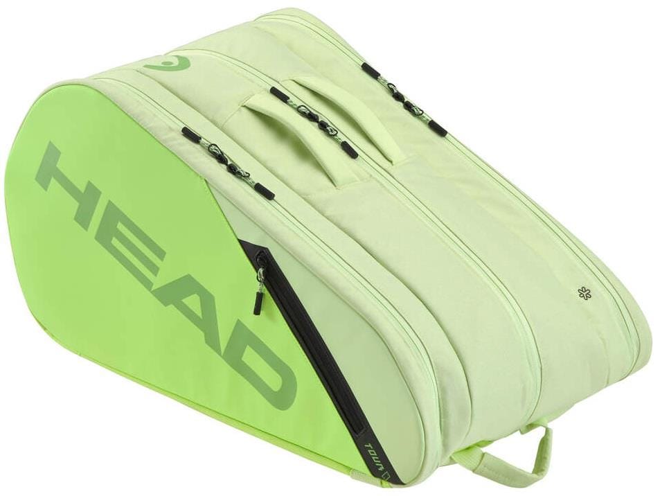 The HEAD Tour Padel Bag L - SG by HEAD is light green with gray lettering, two large zippered top compartments, a side pocket, climate control tech, dual carrying straps, and a sleek sporty style.