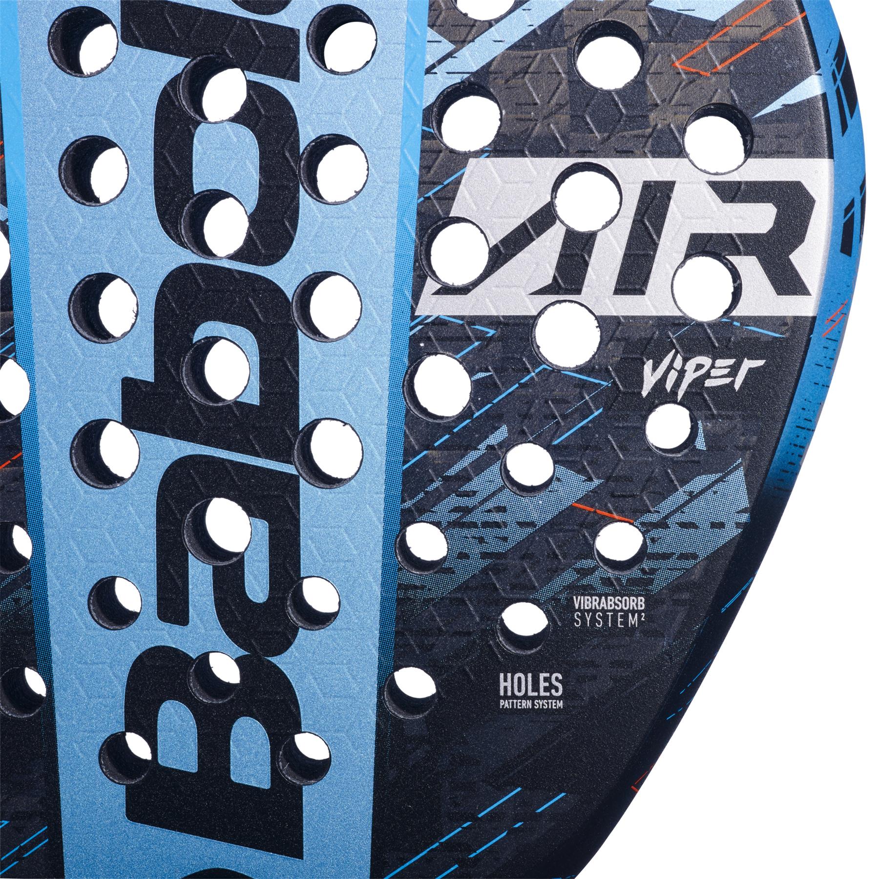 Close-up of the Babolat Air Viper Padel Racket in blue and black, showcasing its perforations. The terms "Viper" and "Air" are prominently displayed, enhanced by a modern graphic design. This padel racket promises explosive power while ensuring excellent maneuverability, with the brand name Babolat partially visible.