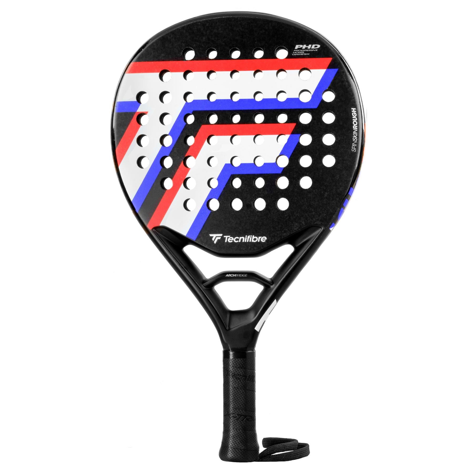 The Tecnifibre Wall Master 365 Padel Racket in black, crafted from carbon fiber, boasts a bold black design with a large white, red, and blue "T." Its perforated pattern enhances precision and control, while the black handle includes a secure strap.