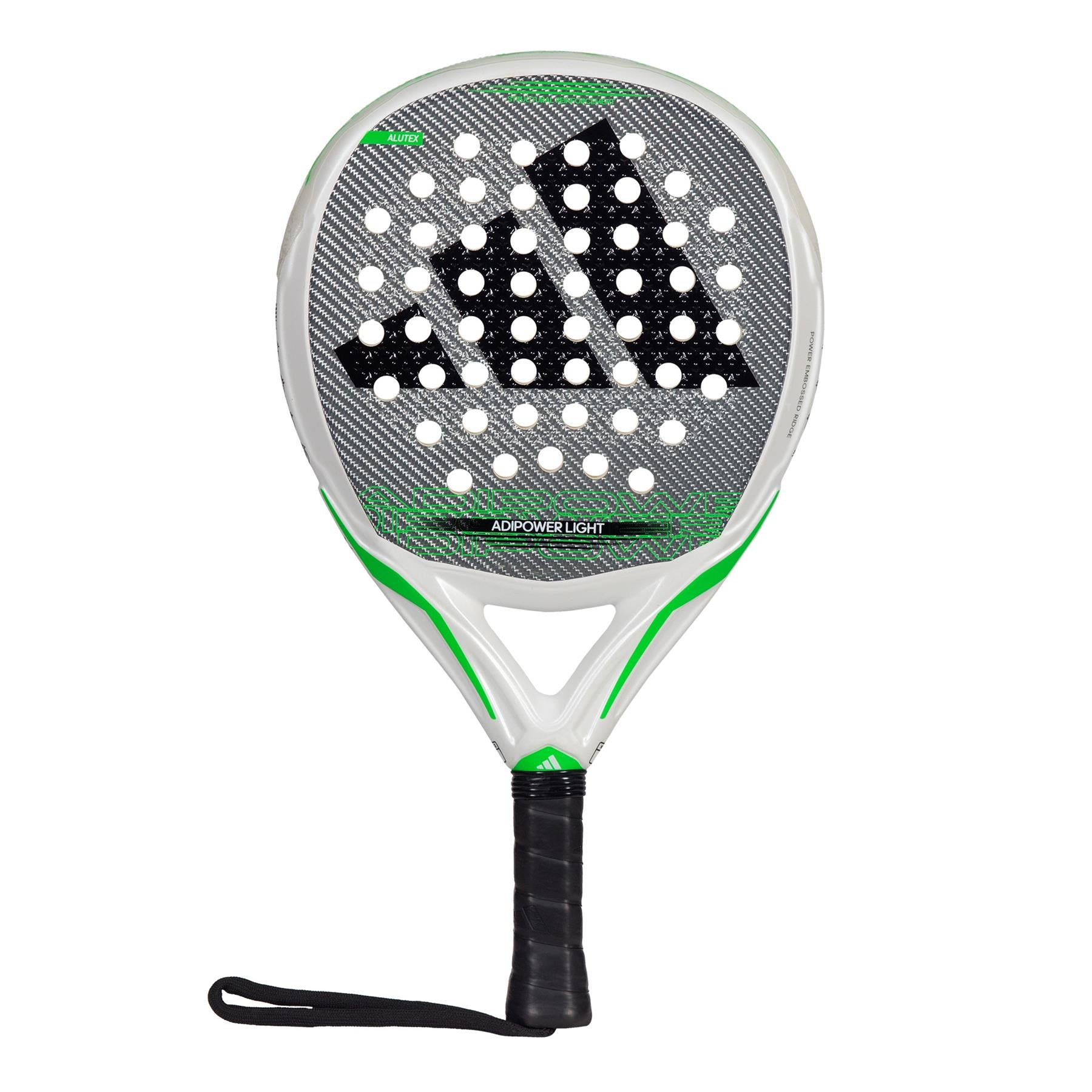 The ADIDAS Adipower Light 3.3 Padel Racket features a prominent black logo on its textured surface, delivering exceptional control accented by green highlights on the sleek white frame. The handle is black and includes a wrist strap for added security during play.