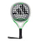 The ADIDAS Adipower Light 3.3 Padel Racket features a prominent black logo on its textured surface, delivering exceptional control accented by green highlights on the sleek white frame. The handle is black and includes a wrist strap for added security during play.