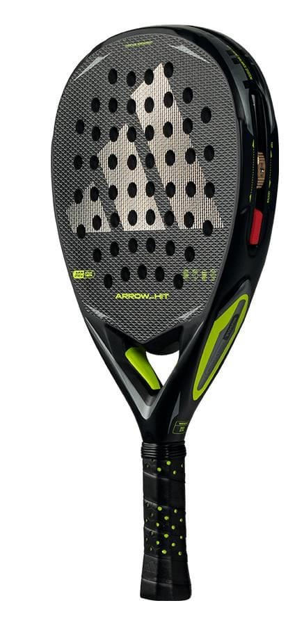 The adidas Arrow Hit 2026 Padel Racket showcases a black design with lime green details, white adidas logo, and a perforated surface. Its intelligent balance system ensures powerful shots and precise control on the court.