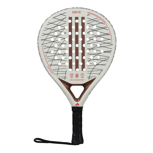 The ADIDAS Drive 3.3 Padel Racket - Vintage by adidas is an excellent option for beginners, providing both control and comfort. It showcases a white and brown design featuring a grid of circular holes and black crisscrossing lines, with "DRIVE" prominently displayed at the top. The handle is wrapped in black grip tape and includes a wrist strap for added security during use.