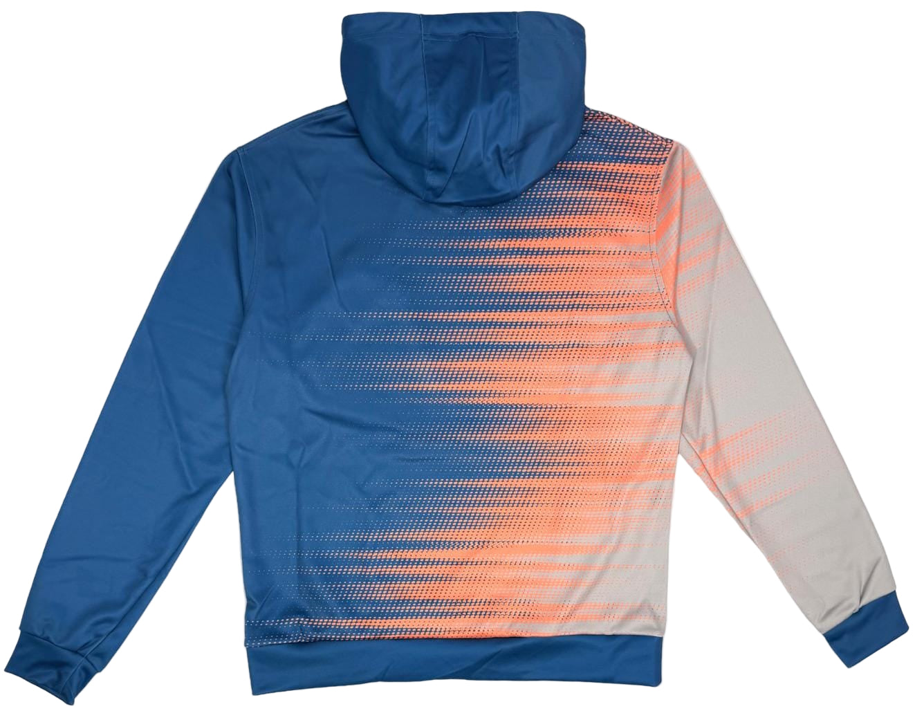 The Yonex YHD2025 Unisex Padel Hoodie - Sunset features a blue design with an orange and white dot gradient on the right side, crafted in Poly-Tech Knit for comfort. The right sleeve fades from solid blue to lighter shades.