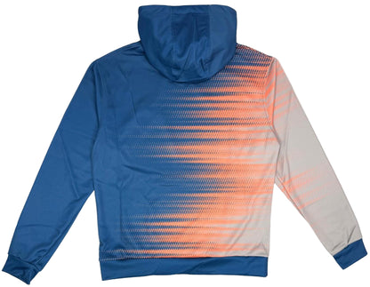 The Yonex YHD2025 Unisex Padel Hoodie - Sunset features a blue design with an orange and white dot gradient on the right side, crafted in Poly-Tech Knit for comfort. The right sleeve fades from solid blue to lighter shades.