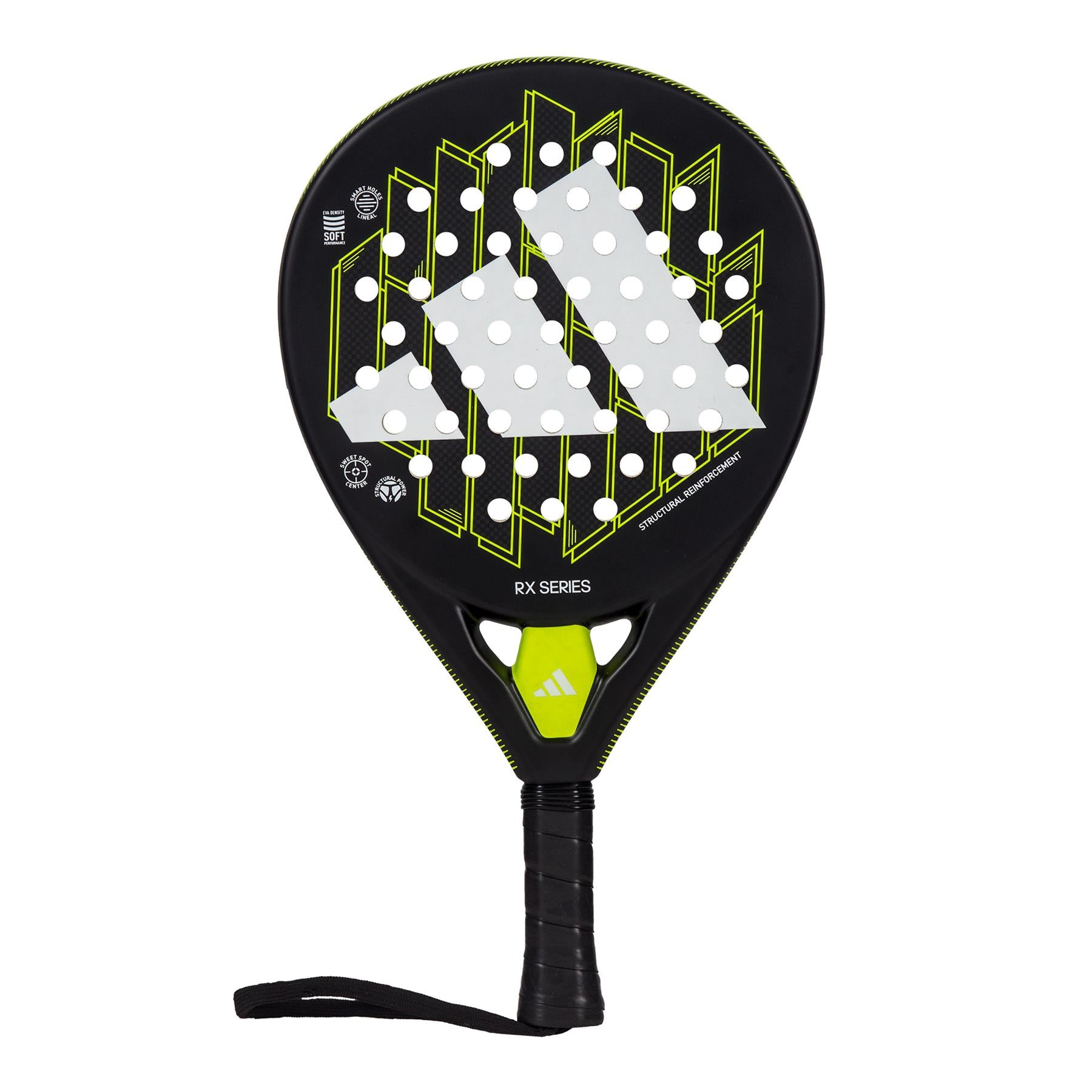 The ADIDAS RX Series Padel Racket - Lime from adidas features a bold black and neon yellow design with a geometric honeycomb pattern. Made with fiberglass, it prominently showcases the brand's logo. The racket's handle is wrapped in black grip tape and includes a secure wrist strap for added safety.