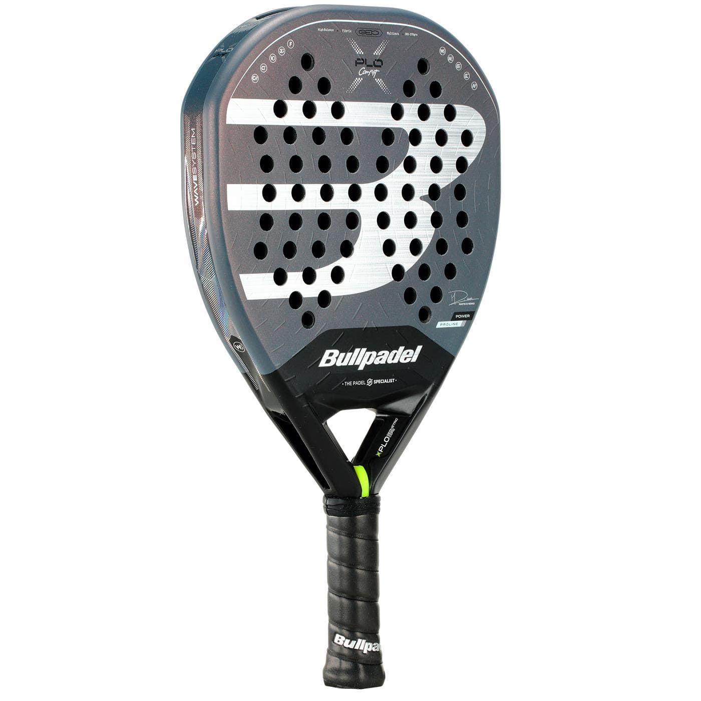 The Bullpadel XPLO Comfort 2026 Padel Racket - Grey features a large "B" logo, circular holes on the surface, and a black grip handle, delivering explosive power and comfort in every game.