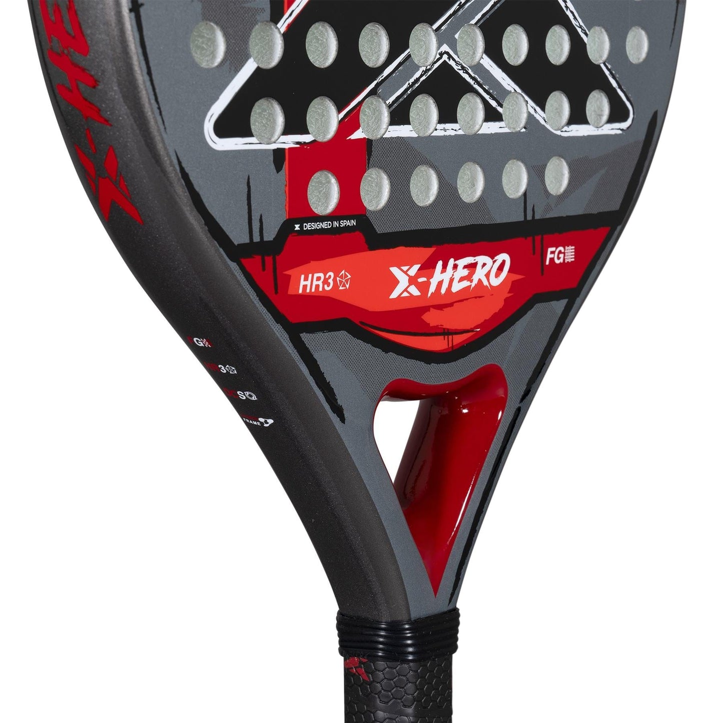 Close-up of the NOX X-Hero Red Padel Racket by NOX—a beginner’s padel racket designed for control and precision, featuring a black and red face with circular holes, a textured grip handle, model "HR3," and bold graphics.
